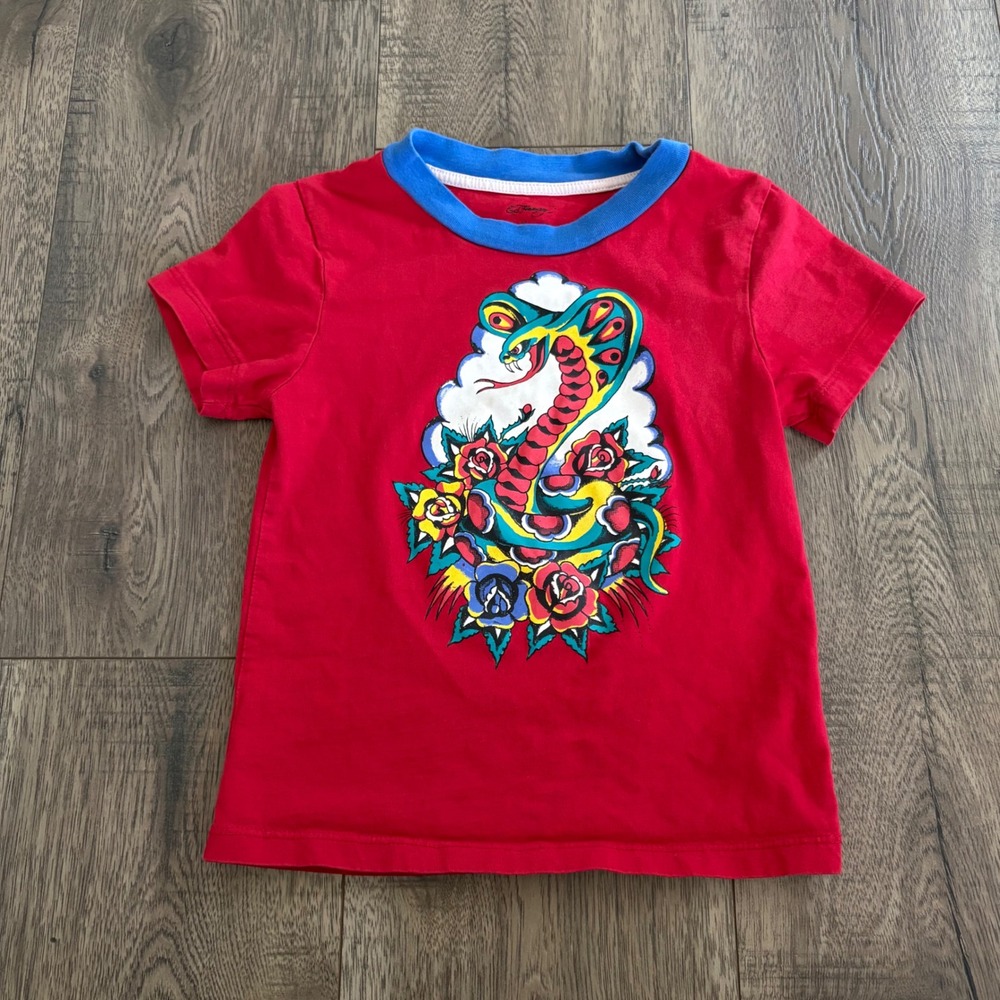 Ed Hardy Graphic T-Shirt Kids 3T Red Good Cobra Snake Roses Tattoo Print Tee